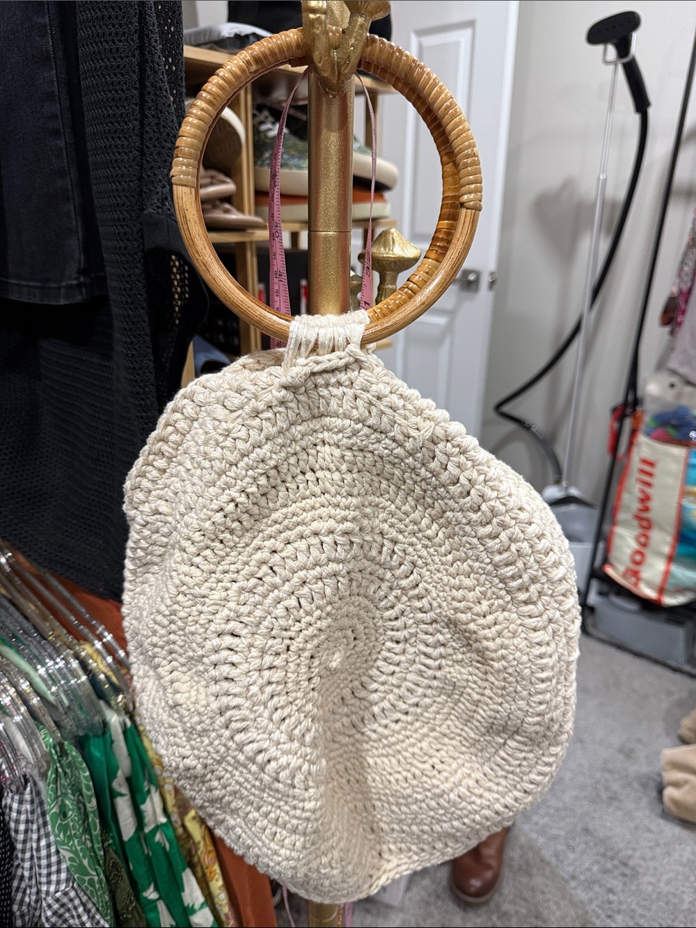Handwoven Cream Crochet Round Handbag with Bamboo Ring Handles